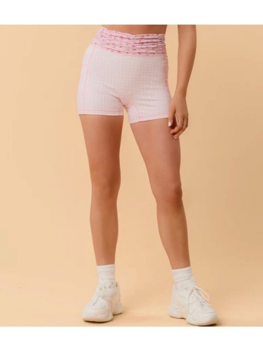 Blogilates Ruched Waist Shorts (Pink Gingham - Medium)